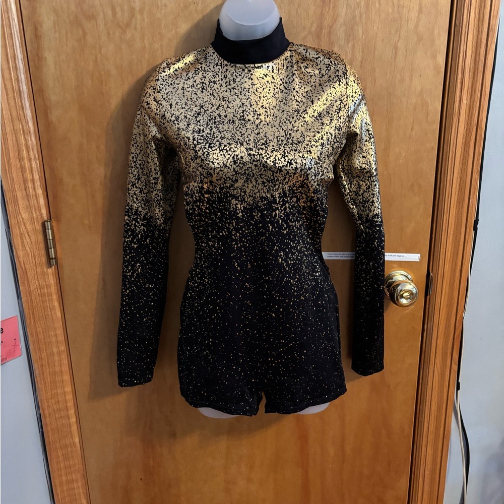 Weissman Black and Gold Long-Sleeve Sparkle Leotard Romper